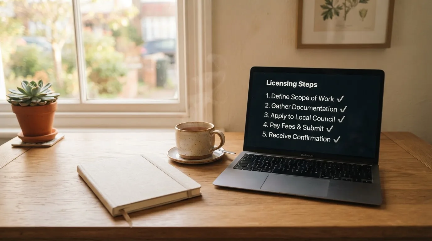 A tidy desk with a notebook, a mug of tea and a laptop open to a checklist, morning light through a window.