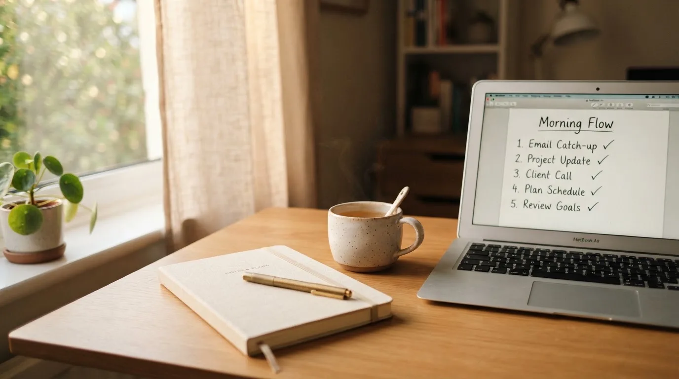 A tidy desk with a notebook, a mug of tea and a laptop open to a checklist, morning light through a window.