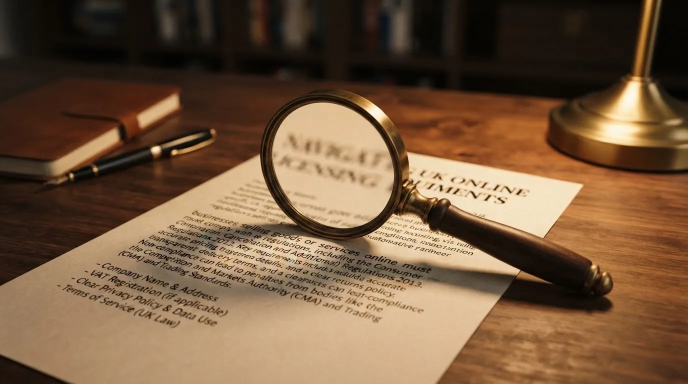 A magnifying glass rests over a printed regulatory certificate on a wooden desk.
