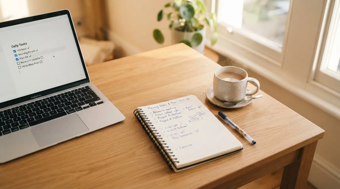 A tidy desk with a notebook, a mug of tea and a laptop open to a checklist, morning light through a window.