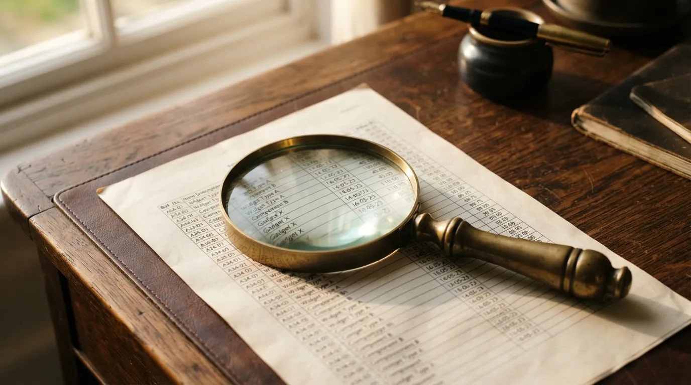 A magnifying glass rests over a printed regulatory certificate on a wooden desk.