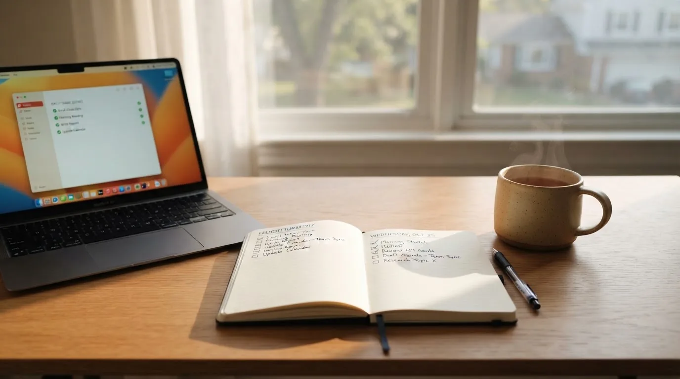 A tidy desk with a notebook, a mug of tea and a laptop open to a checklist, morning light through a window.