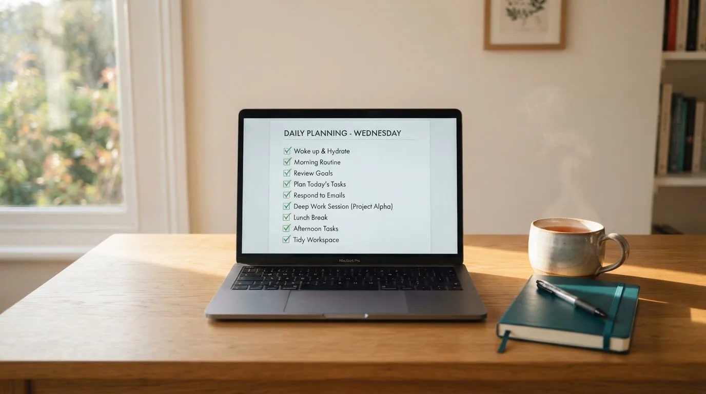A tidy desk with a notebook, a mug of tea and a laptop open to a checklist, morning light through a window.