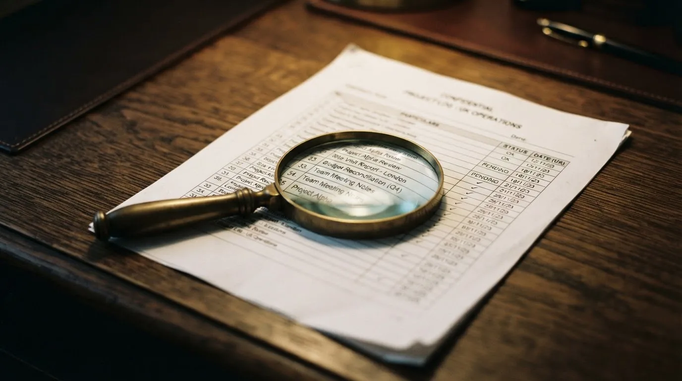 A magnifying glass rests over a printed regulatory certificate on a wooden desk.