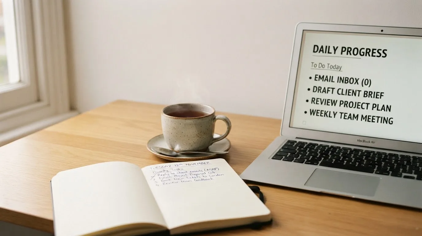 A tidy desk with a notebook, a mug of tea and a laptop open to a checklist, morning light through a window.