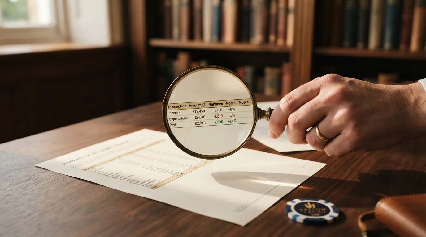 A magnifying glass rests over a printed regulatory certificate on a wooden desk.