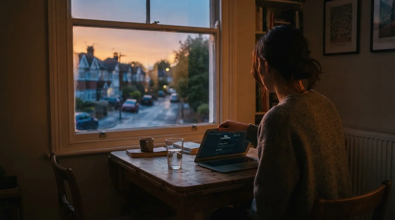 A person closes a laptop and looks out of a window at dusk, a glass of water on the table beside them.