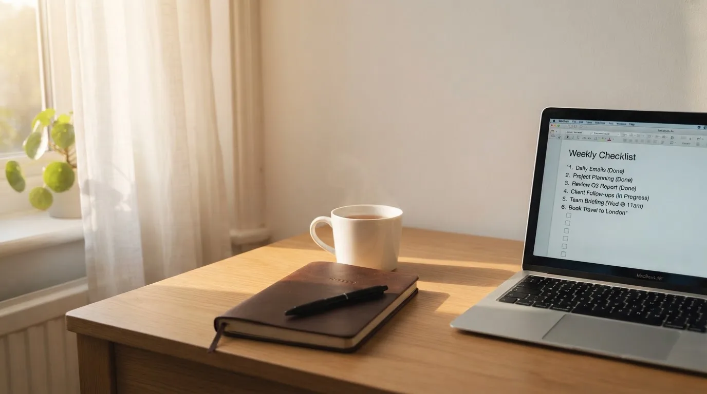 A tidy desk with a notebook, a mug of tea and a laptop open to a checklist, morning light through a window.