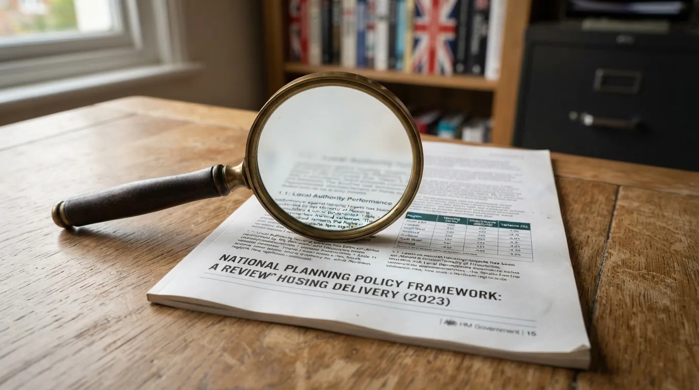 A magnifying glass rests over a printed regulatory certificate on a wooden desk.