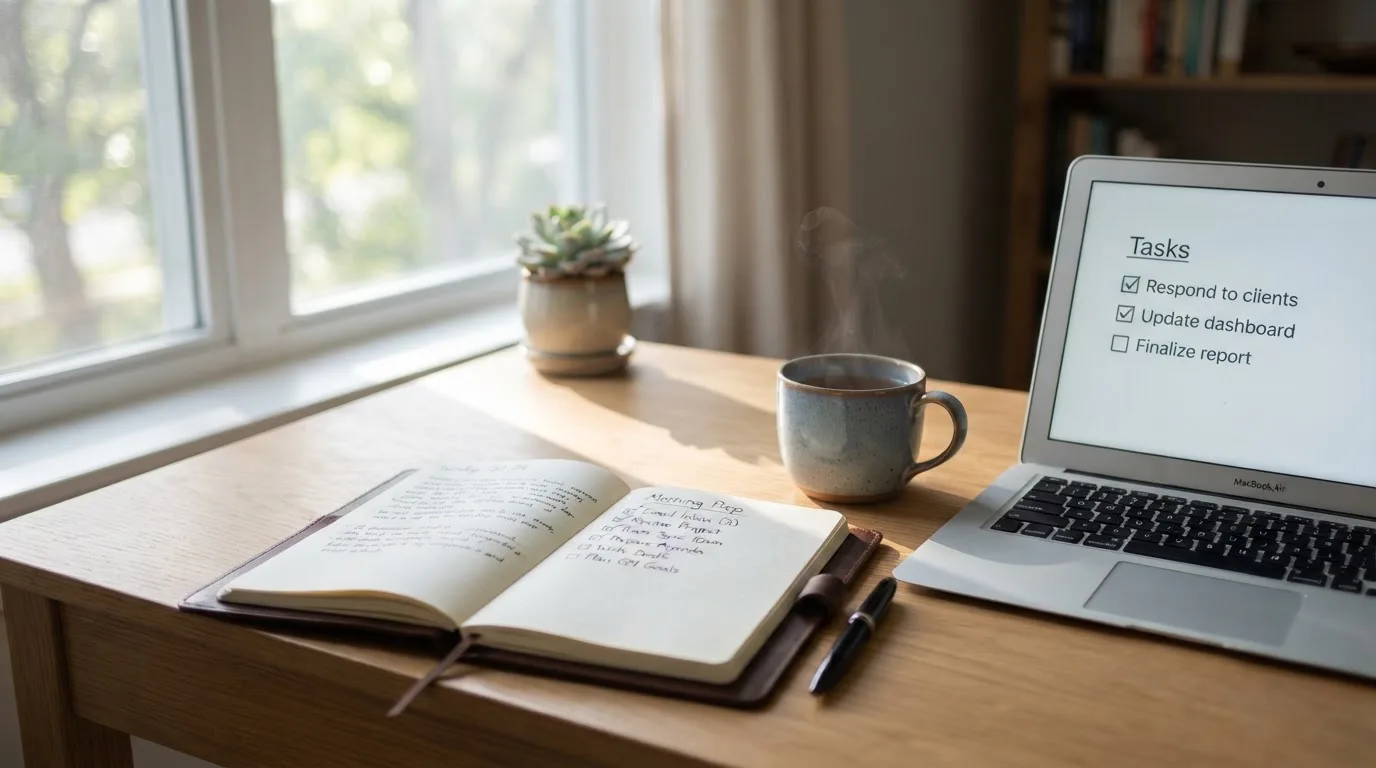 A tidy desk with a notebook, a mug of tea and a laptop open to a checklist, morning light through a window.