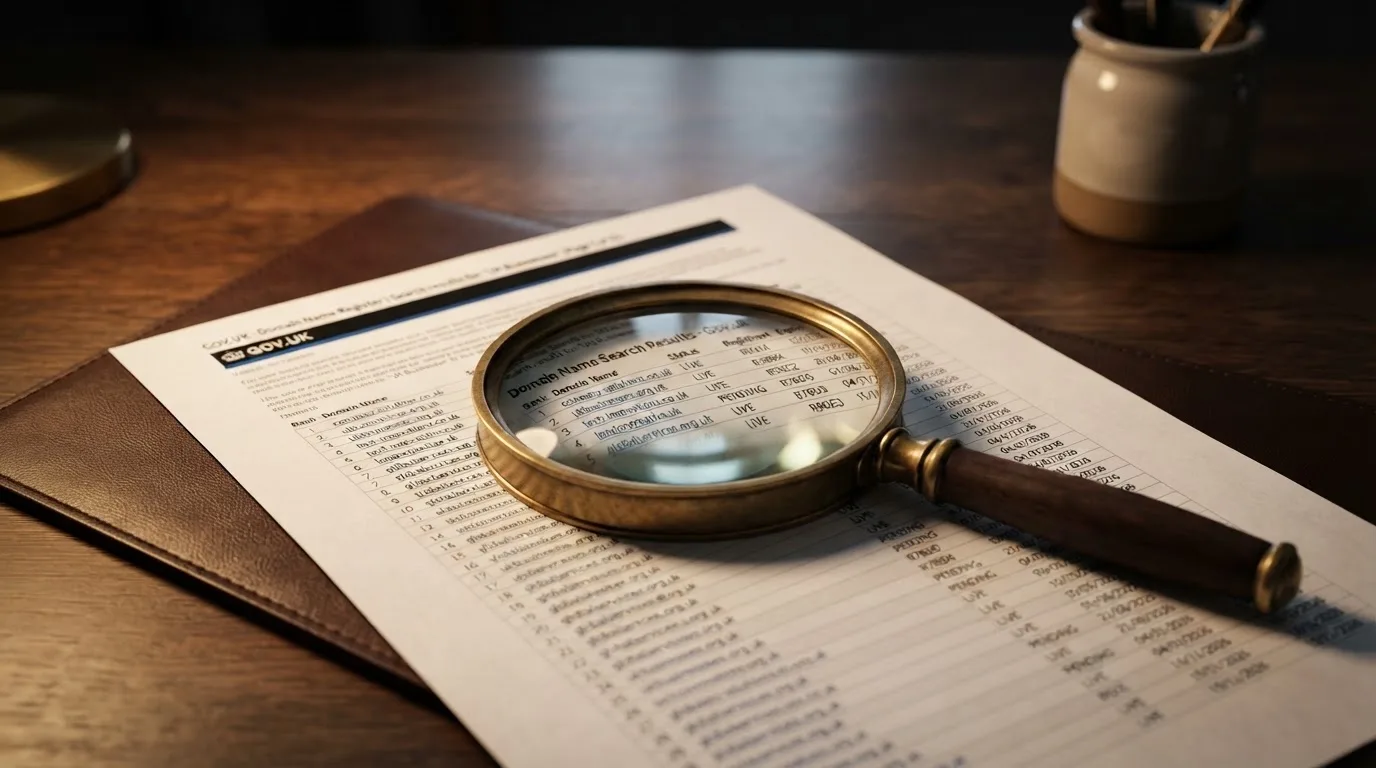 A magnifying glass rests over a printed regulatory certificate on a wooden desk.