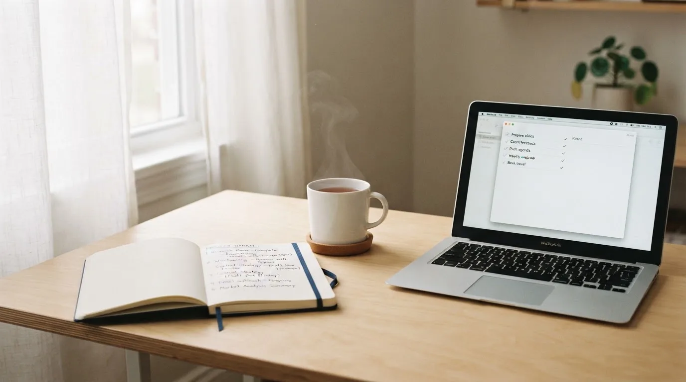 A tidy desk with a notebook, a mug of tea and a laptop open to a checklist, morning light through a window.