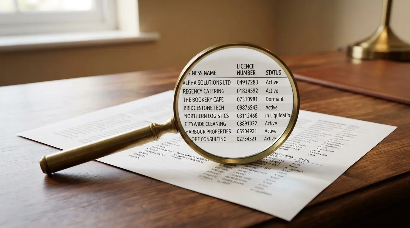 A magnifying glass rests over a printed regulatory certificate on a wooden desk.