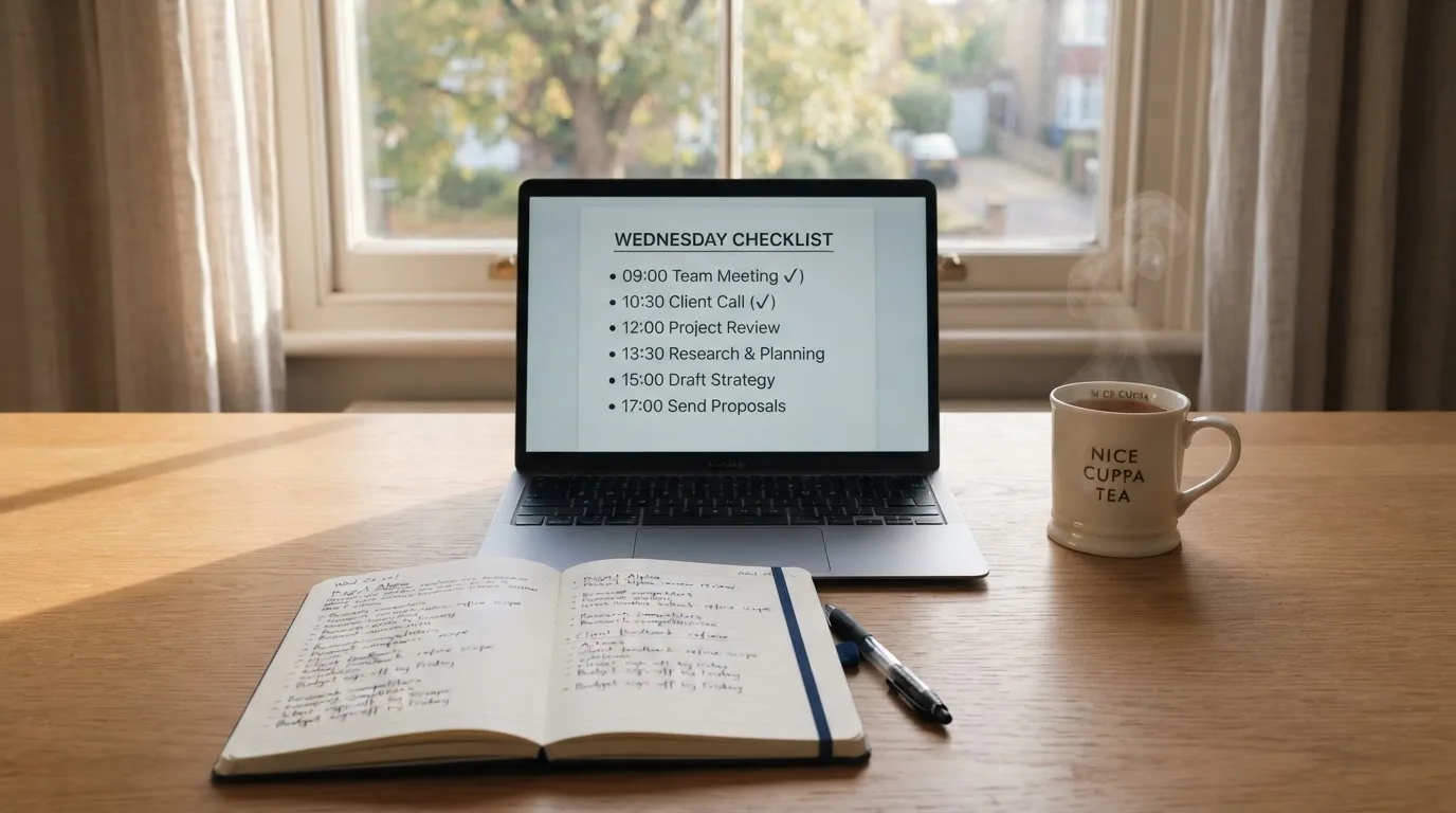 A tidy desk with a notebook, a mug of tea and a laptop open to a checklist, morning light through a window.