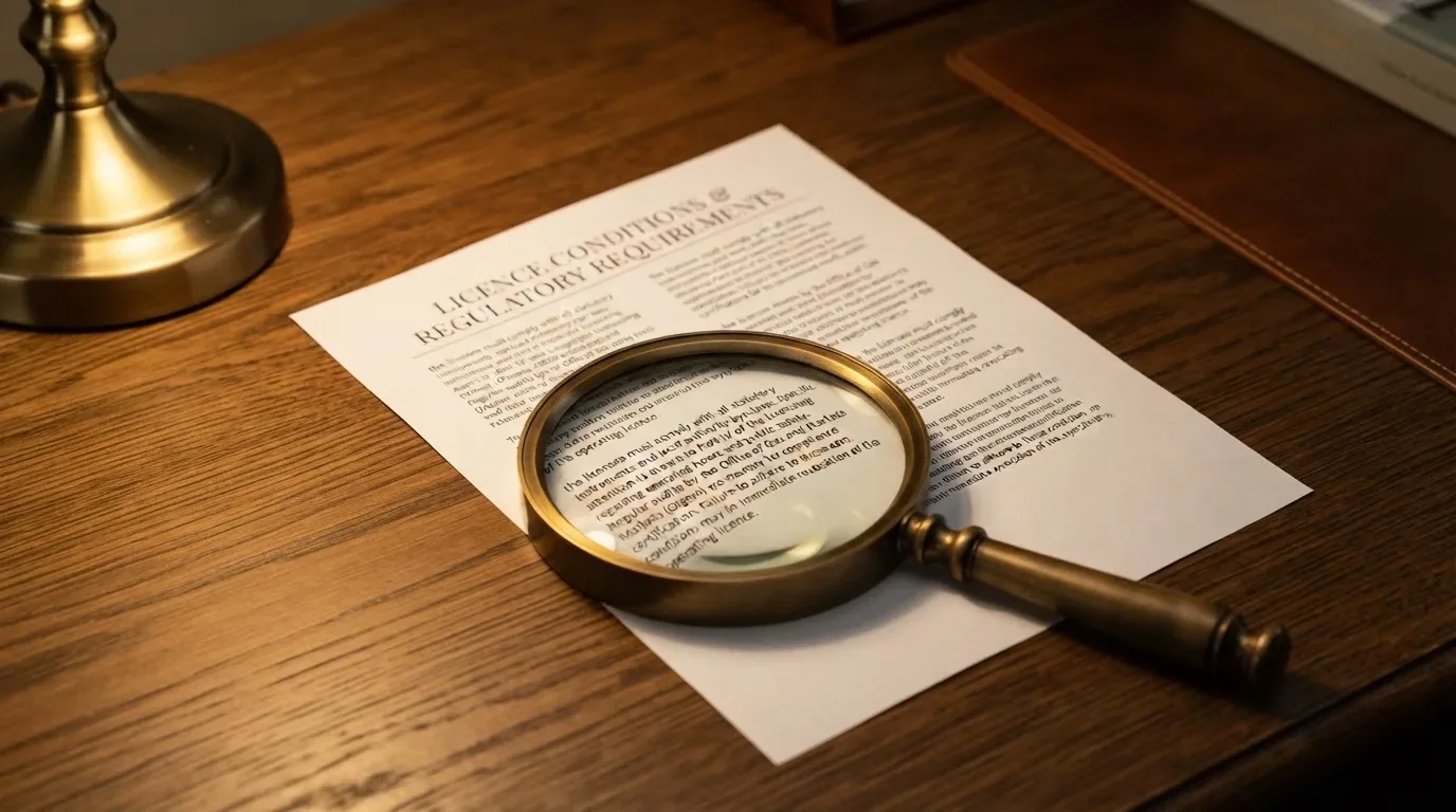 A magnifying glass rests over a printed regulatory certificate on a wooden desk.
