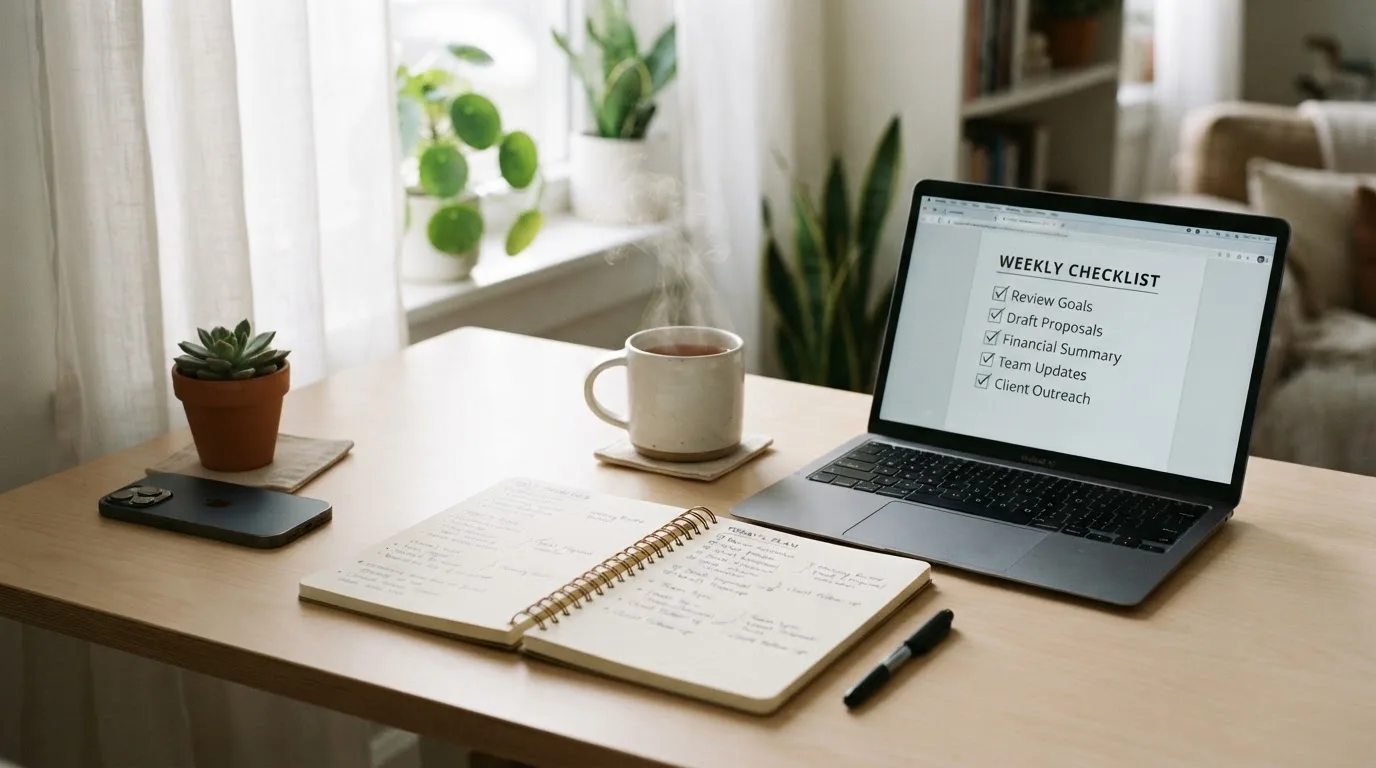 A tidy desk with a notebook, a mug of tea and a laptop open to a checklist, morning light through a window.
