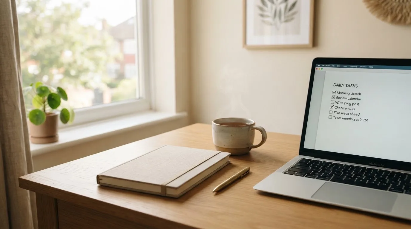 A tidy desk with a notebook, a mug of tea and a laptop open to a checklist, morning light through a window.