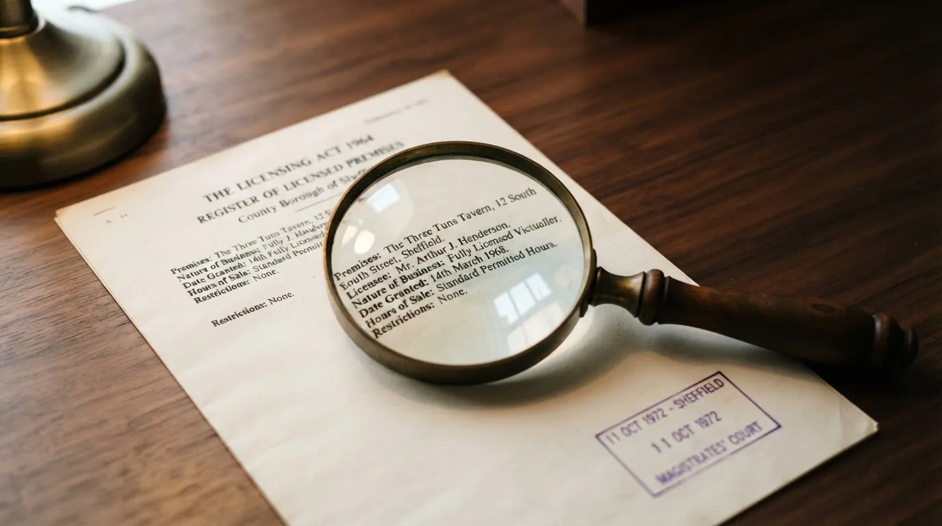 A magnifying glass rests over a printed regulatory certificate on a wooden desk.