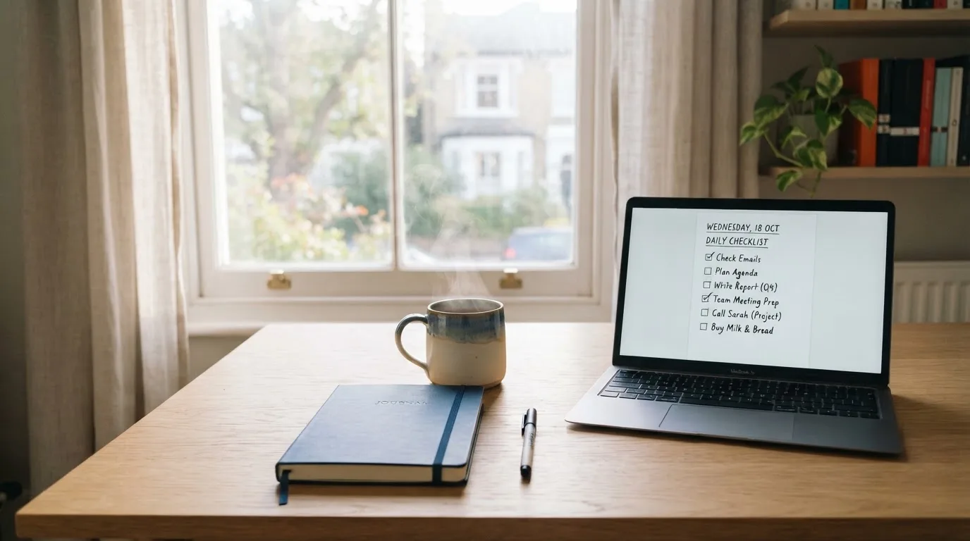 A tidy desk with a notebook, a mug of tea and a laptop open to a checklist, morning light through a window.