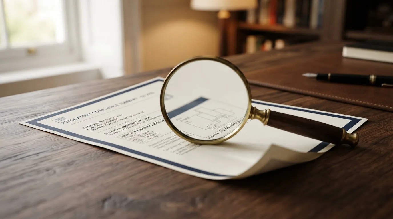 A magnifying glass rests over a printed regulatory certificate on a wooden desk.