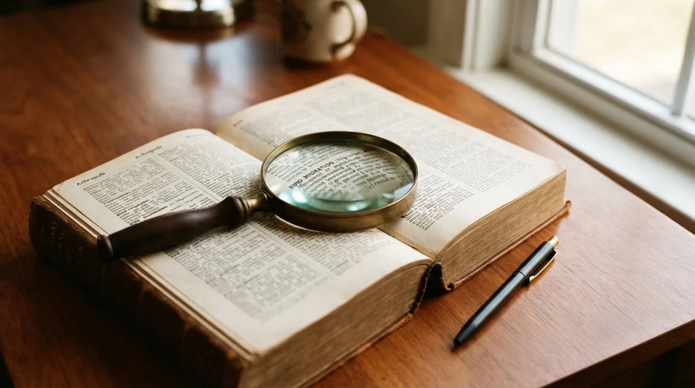A magnifying glass rests over a printed regulatory certificate on a wooden desk.