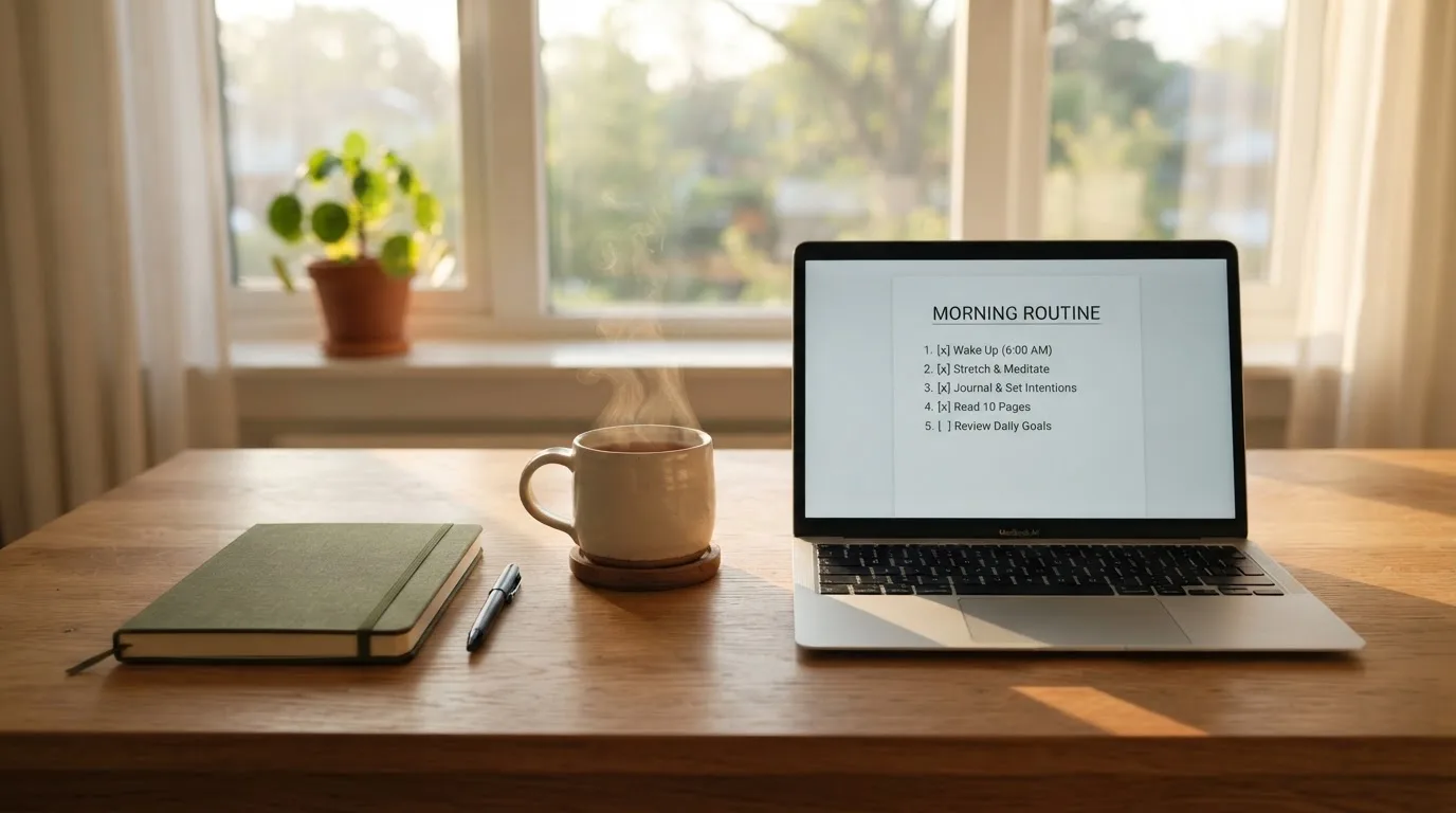 A tidy desk with a notebook, a mug of tea and a laptop open to a checklist, morning light through a window.
