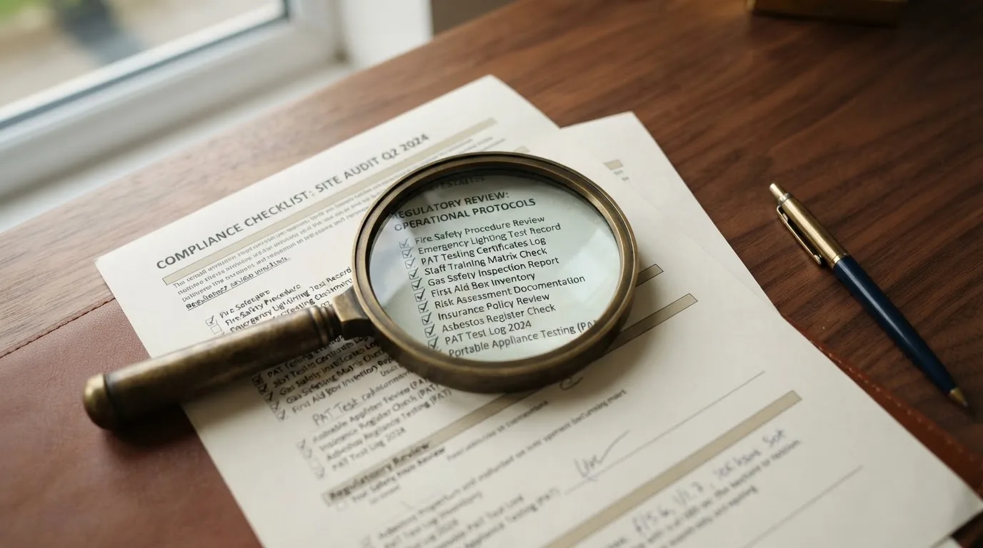 A magnifying glass rests over a printed regulatory certificate on a wooden desk.
