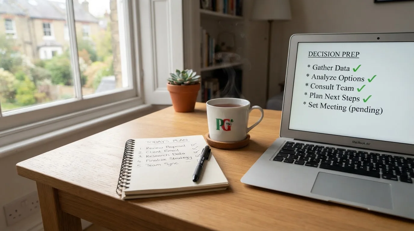 A tidy desk with a notebook, a mug of tea and a laptop open to a checklist, morning light through a window.