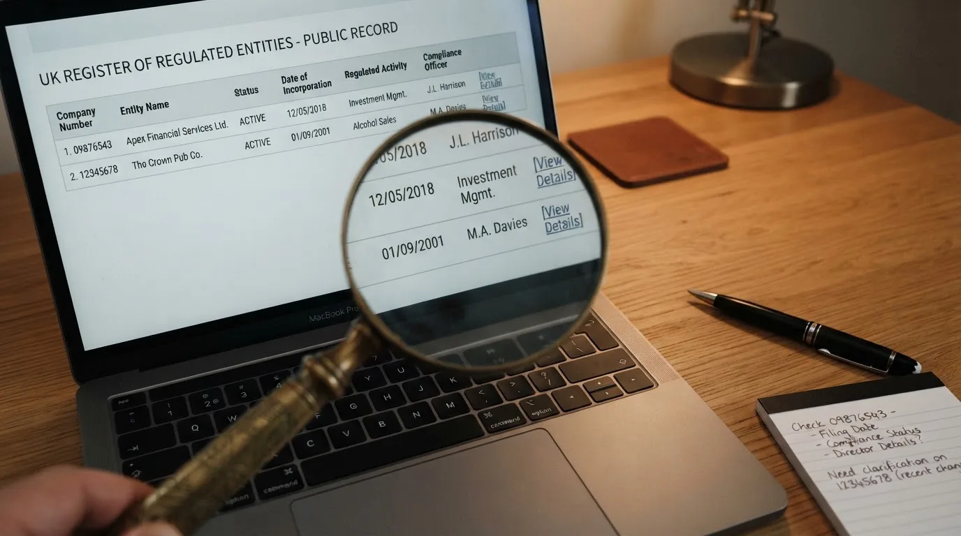 A magnifying glass rests over a printed regulatory certificate on a wooden desk.
