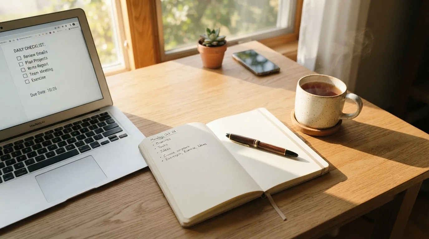 A tidy desk with a notebook, a mug of tea and a laptop open to a checklist, morning light through a window.