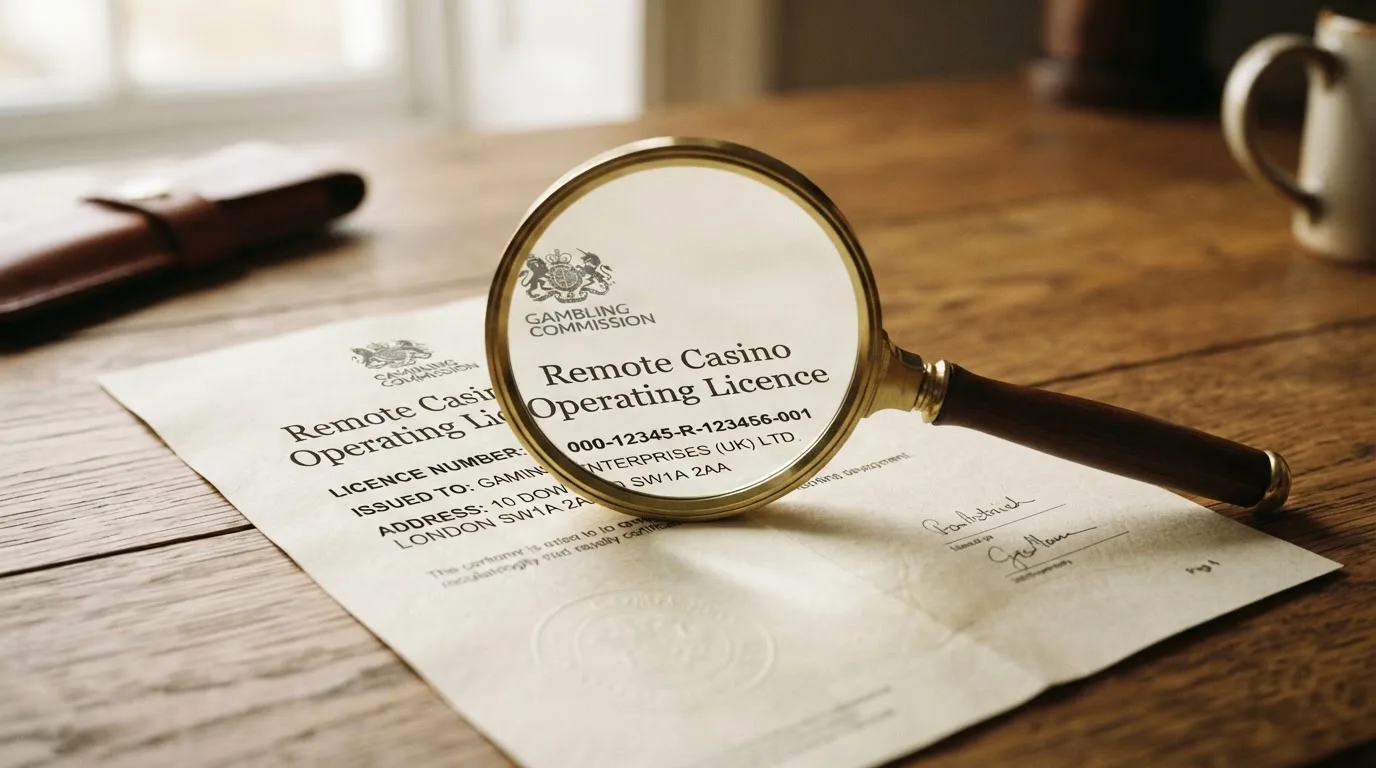 A magnifying glass rests over a printed regulatory certificate on a wooden desk.