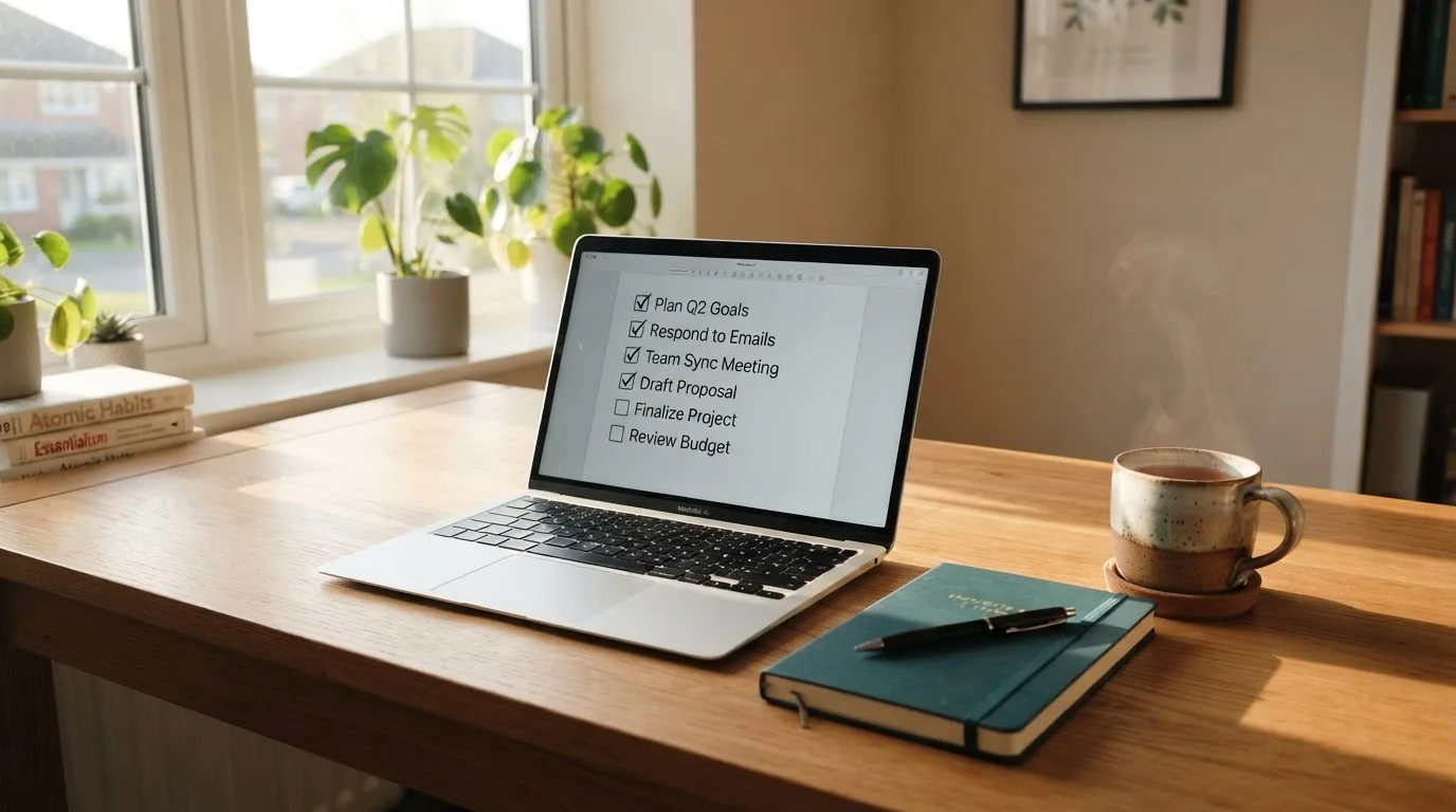 A tidy desk with a notebook, a mug of tea and a laptop open to a checklist, morning light through a window.