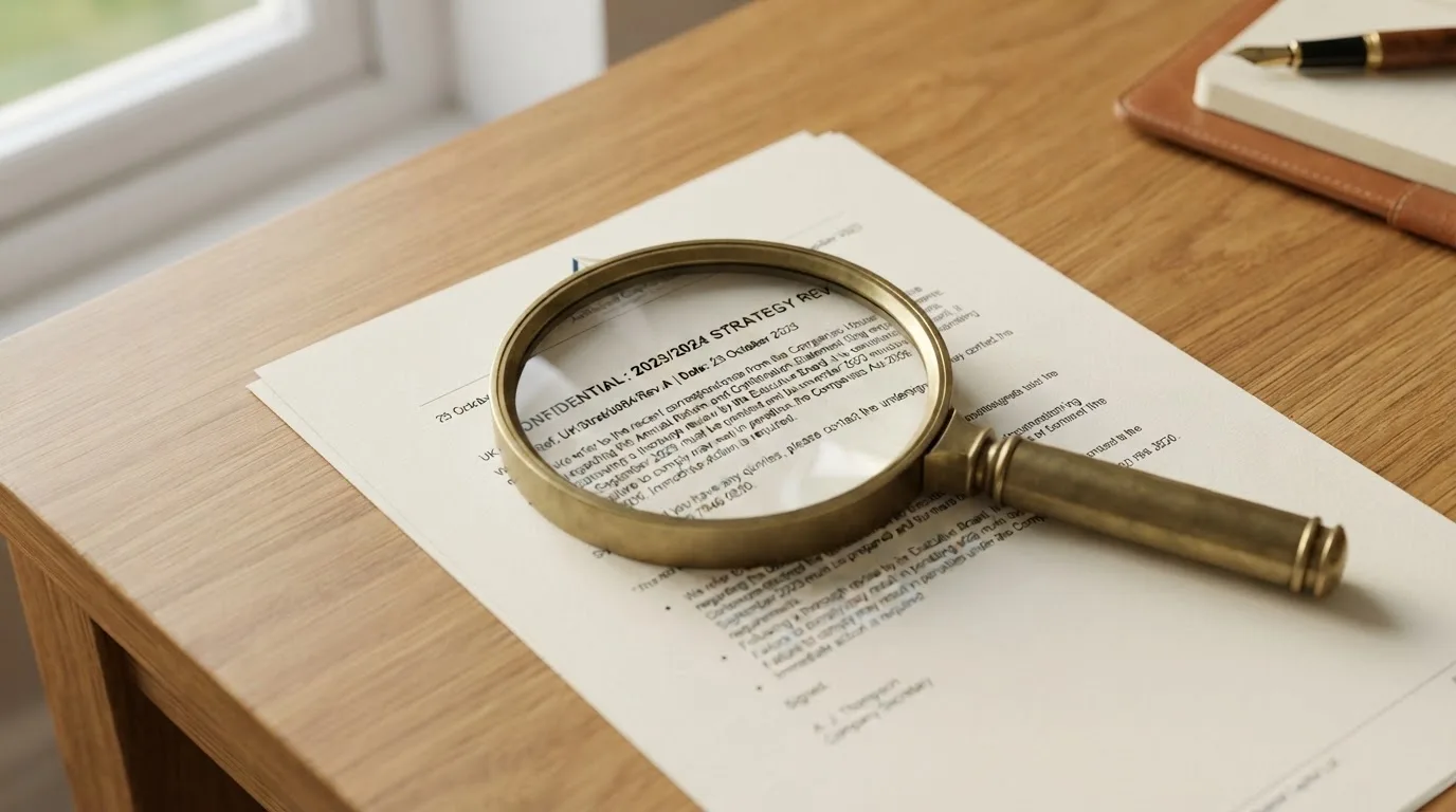 A magnifying glass rests over a printed regulatory certificate on a wooden desk.