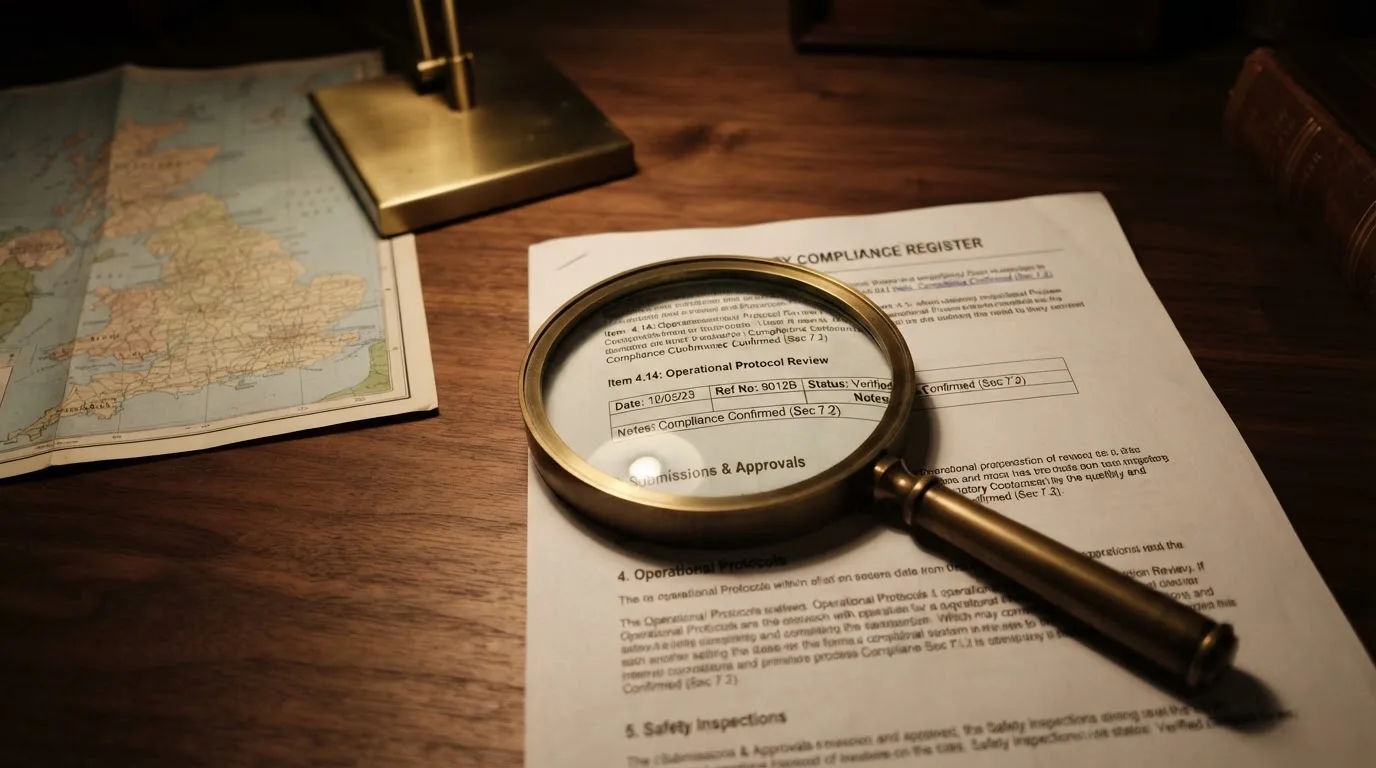A magnifying glass held over a printed gambling licence certificate on a desk, with a UK map faintly visible in the background