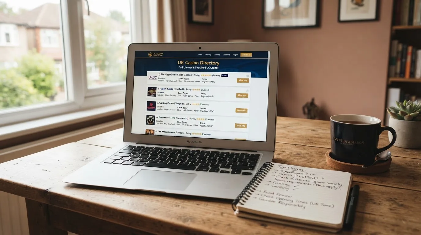 A laptop on a home desk showing a UK online casino comparison page open beside a notepad, with a laptop showing a foreign-registered website's homepage visible in a browser tab list