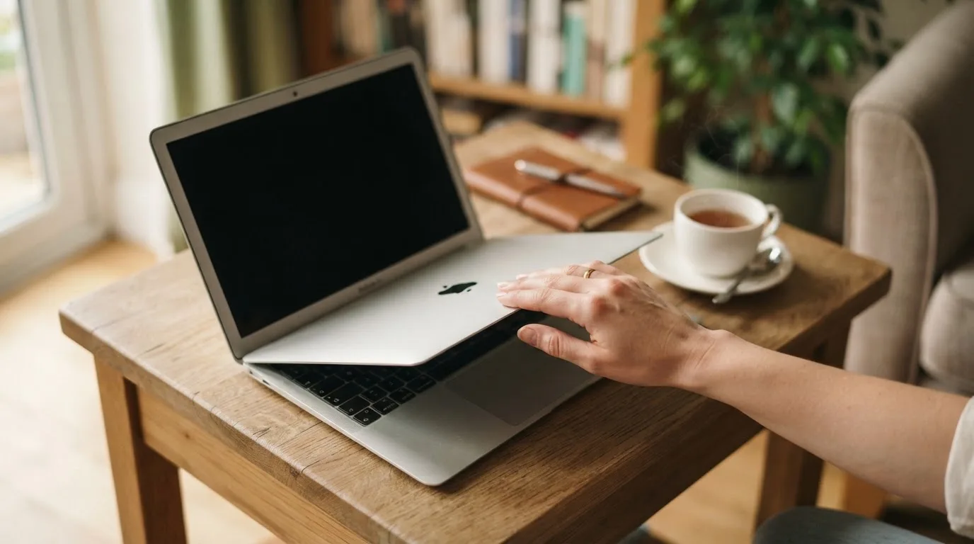 A person closing a laptop beside a cup of tea