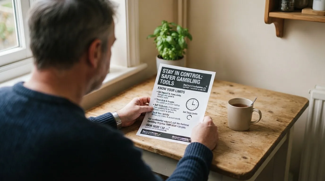 A person reading a self-exclusion leaflet at a kitchen table