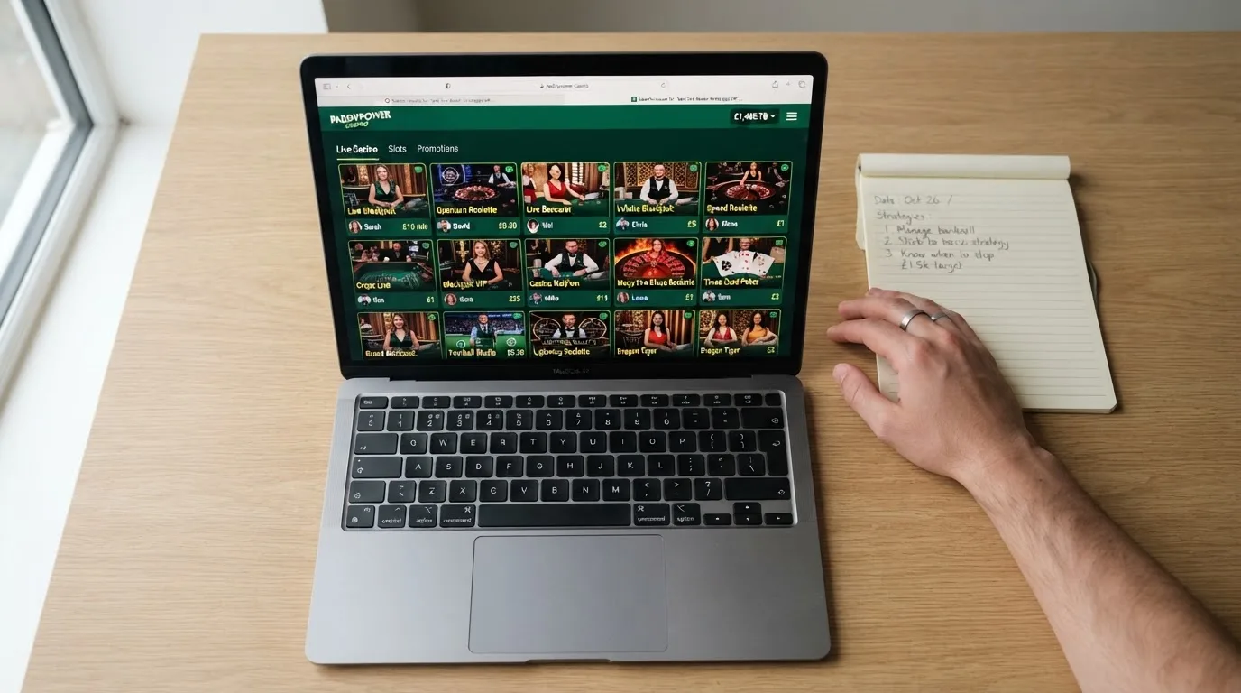 A laptop on a home desk showing a UK online casino comparison page open beside a notepad, with a laptop showing a live casino lobby with several table thumbnails visible in a browser tab list