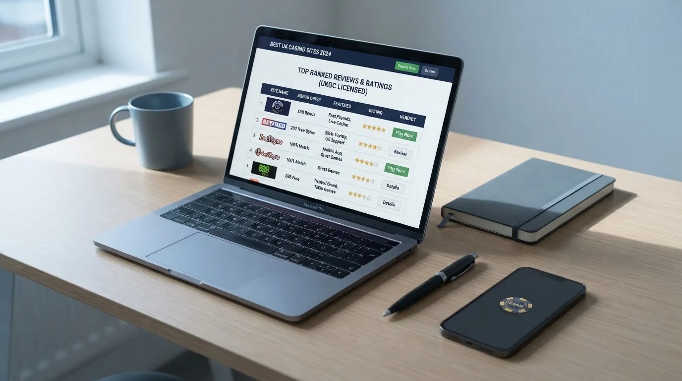 A laptop on a home desk showing a UK online casino comparison page open beside a notepad, with a mobile phone resting on a desk next to a casino app icon screen visible in a browser tab list