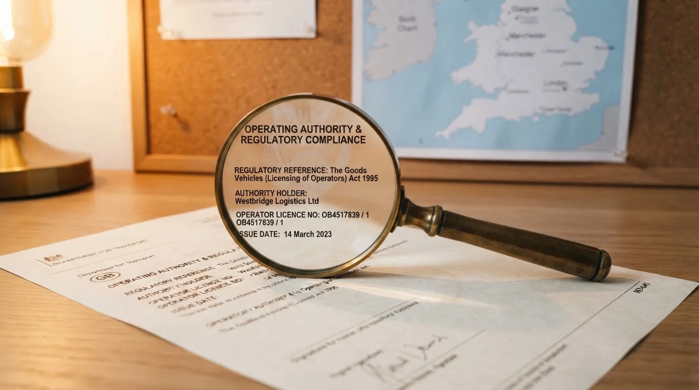 A magnifying glass held over a printed gambling licence certificate on a desk, with a UK map faintly visible in the background