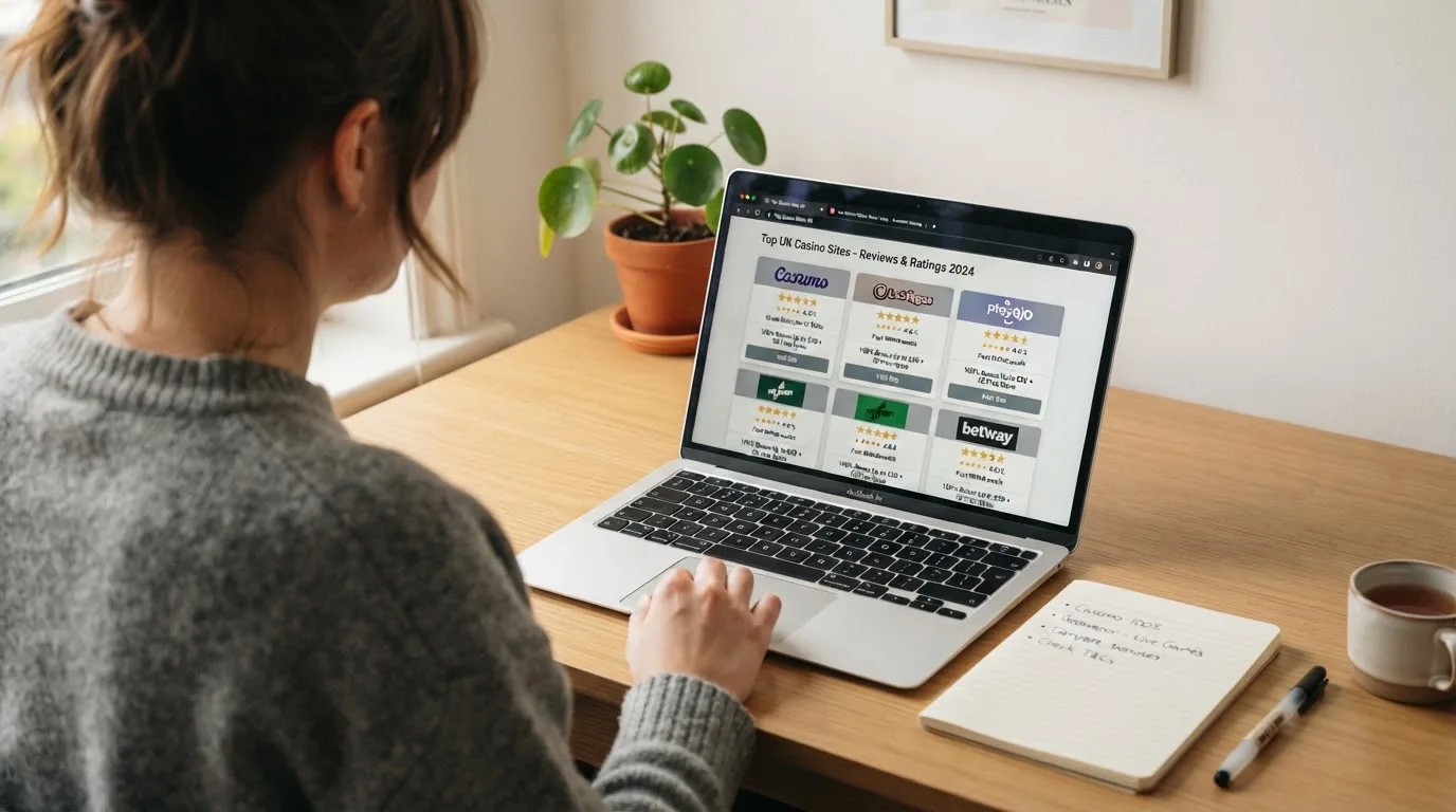 A laptop on a home desk showing a UK online casino comparison page open beside a notepad, with a laptop showing a live casino game show lobby page visible in a browser tab list