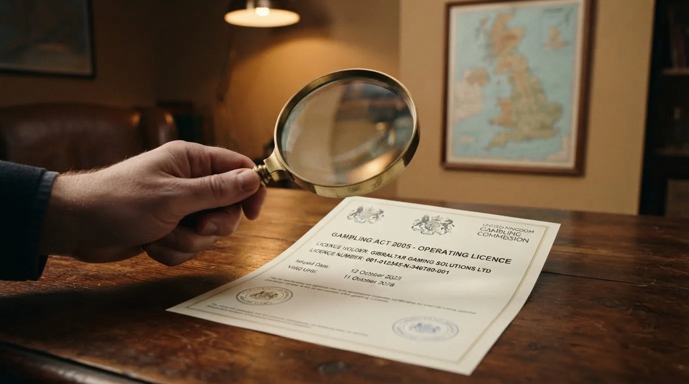 A magnifying glass held over a printed gambling licence certificate on a desk, with a UK map faintly visible in the background