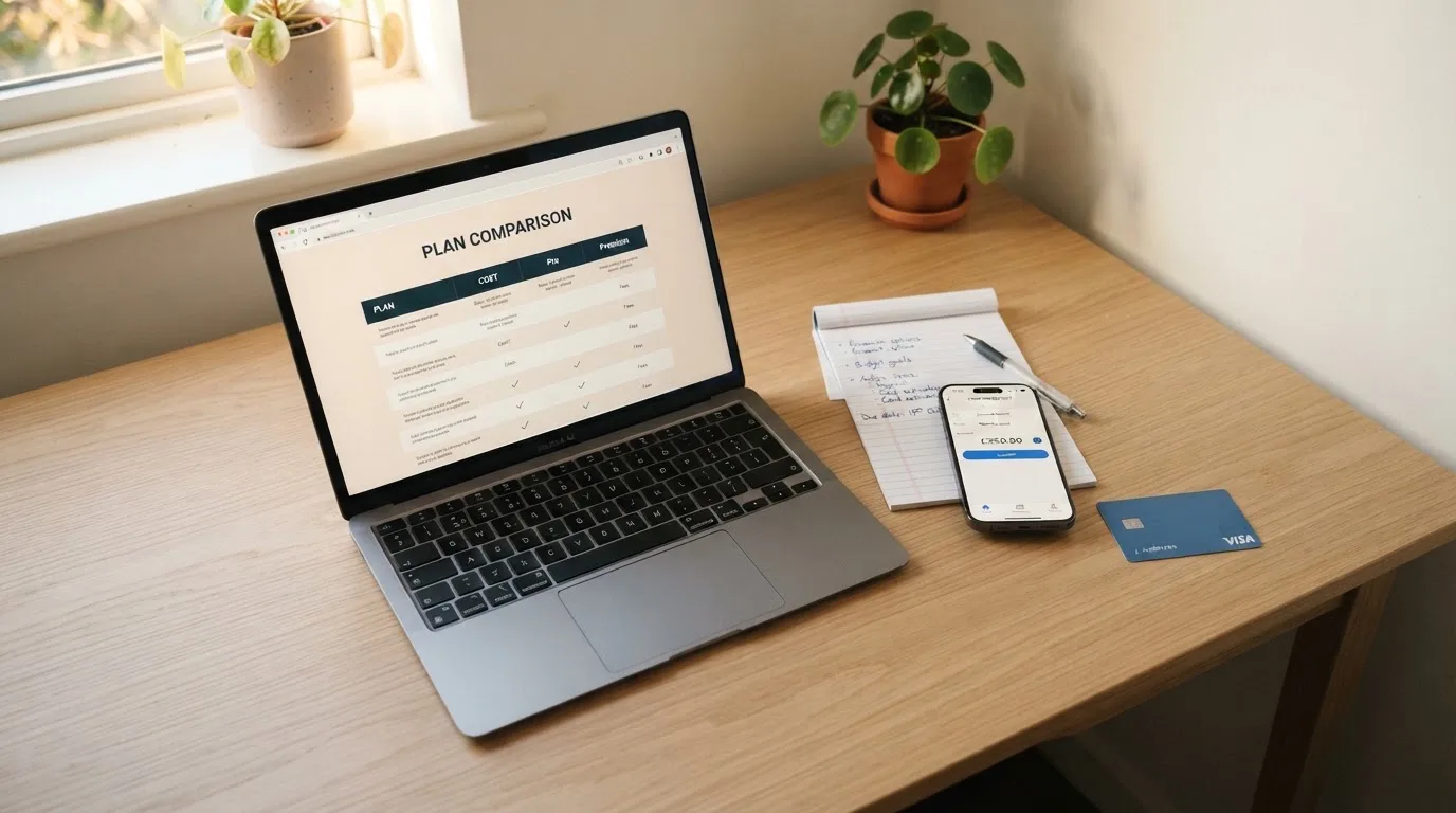 A laptop on a home desk showing a UK online casino comparison page open beside a notepad, with a desk with a debit card, a phone and a laptop showing a deposit form visible in a browser tab list