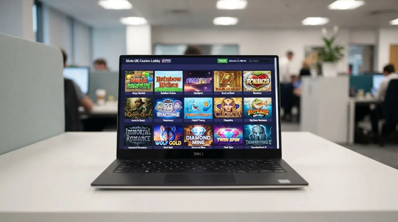 A laptop on a desk displaying a grid of slot game thumbnails in a casino lobby.