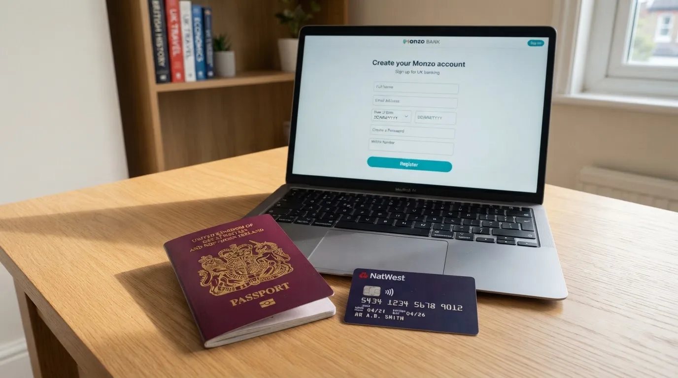 A UK passport and a bank card resting beside a laptop showing an account sign-up screen.