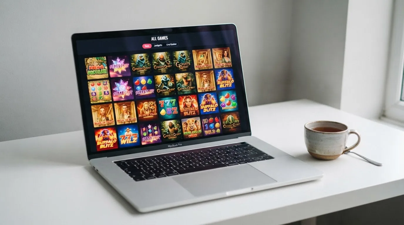 A laptop on a desk displaying a grid of slot game thumbnails in a casino lobby.