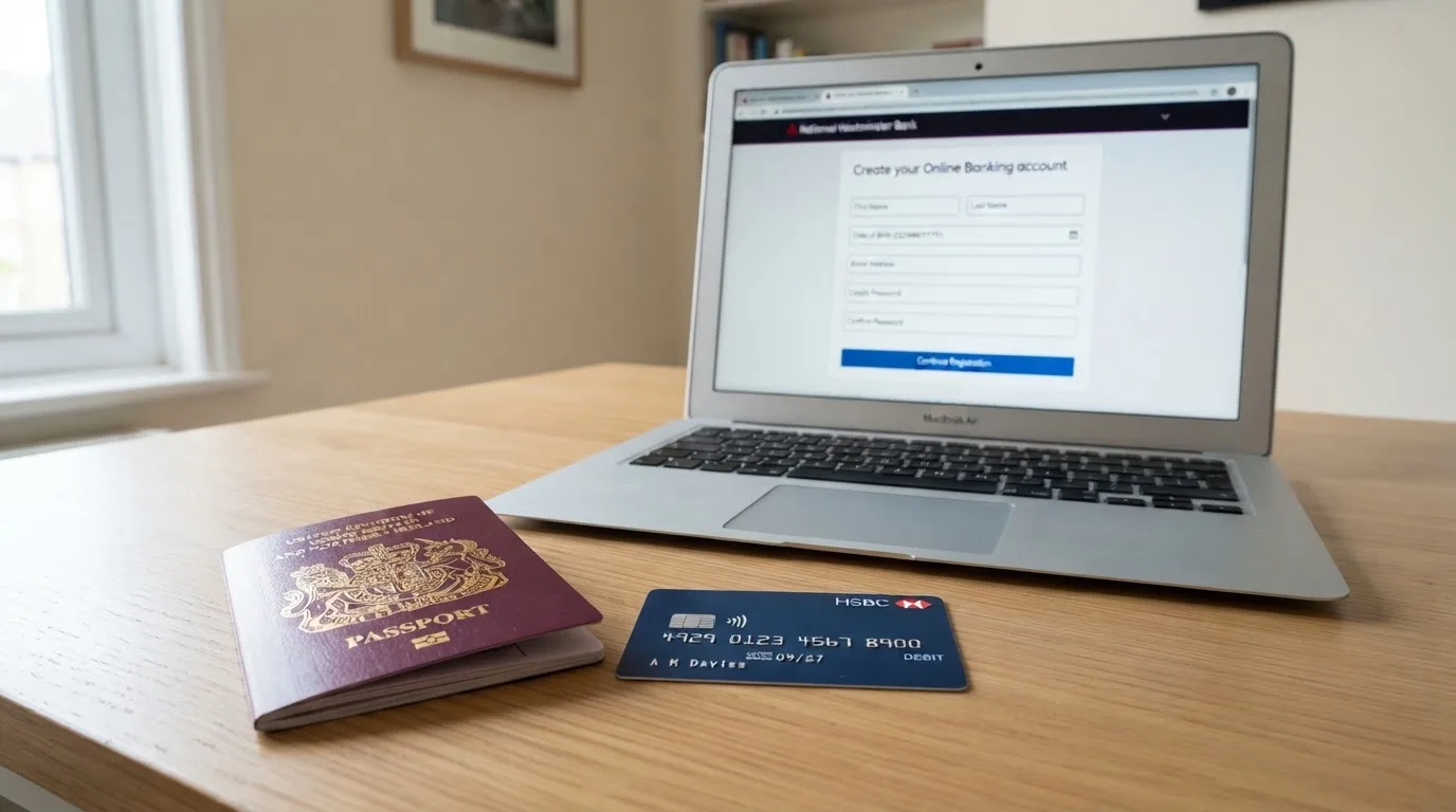 A UK passport and a bank card resting beside a laptop showing an account sign-up screen.