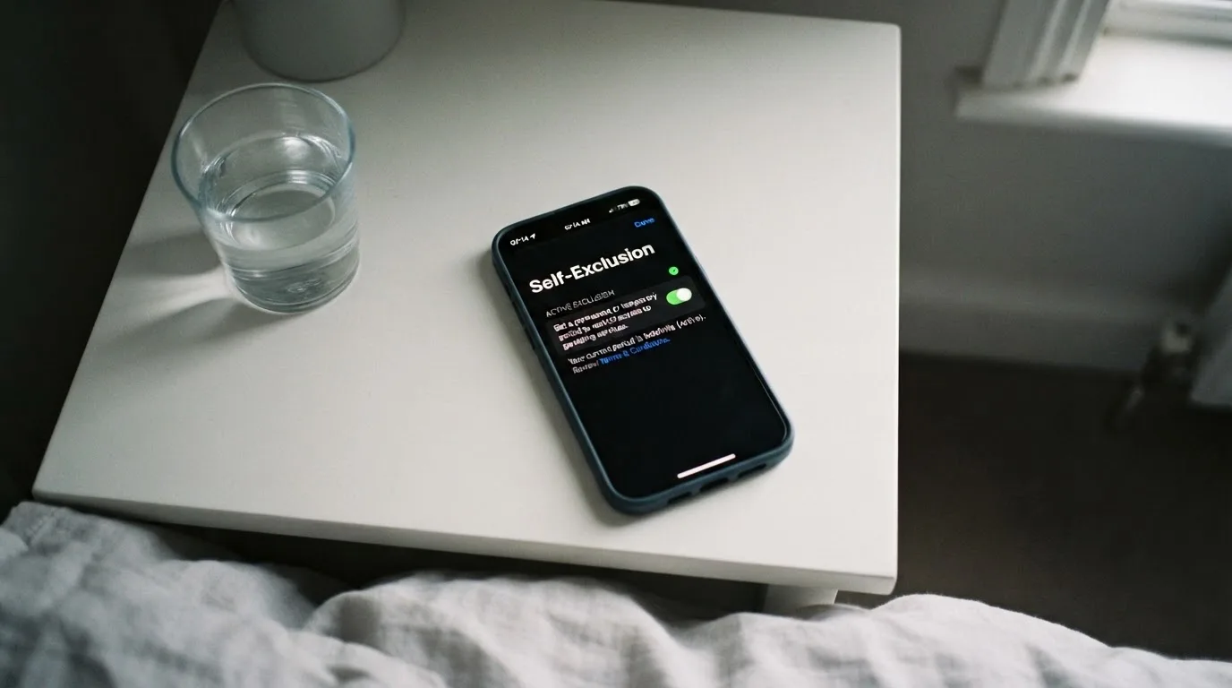 A phone displaying a self-exclusion settings screen next to a glass of water on a bedside table.