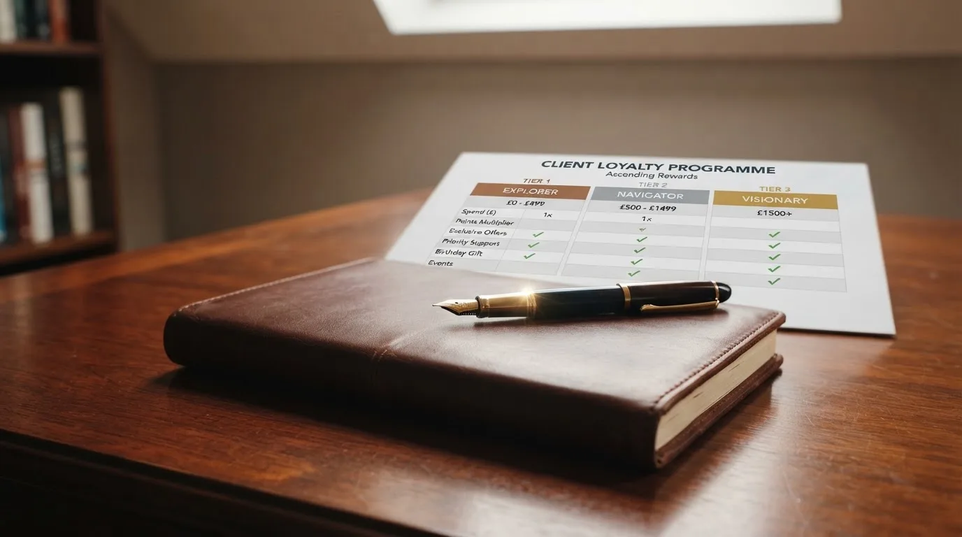 A desk with a printed loyalty-tier chart, a fountain pen, and a closed leather notebook.