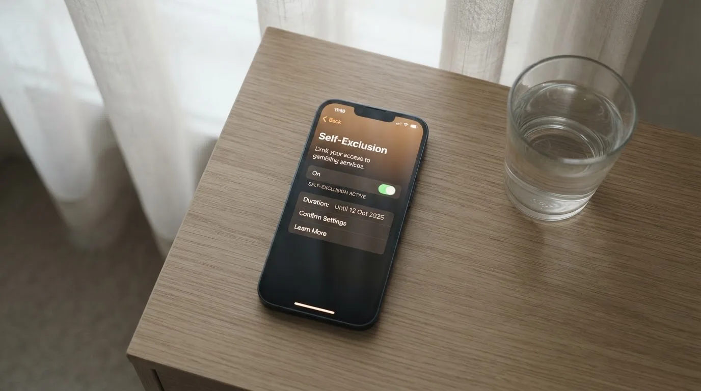 A phone displaying a self-exclusion settings screen next to a glass of water on a bedside table.
